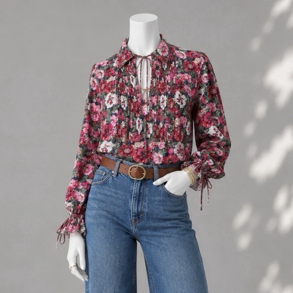 J.Crew Liberty Amelie Poppy Tie Neck Top M Red Navy Scalloped Sleeve Cotton NWT